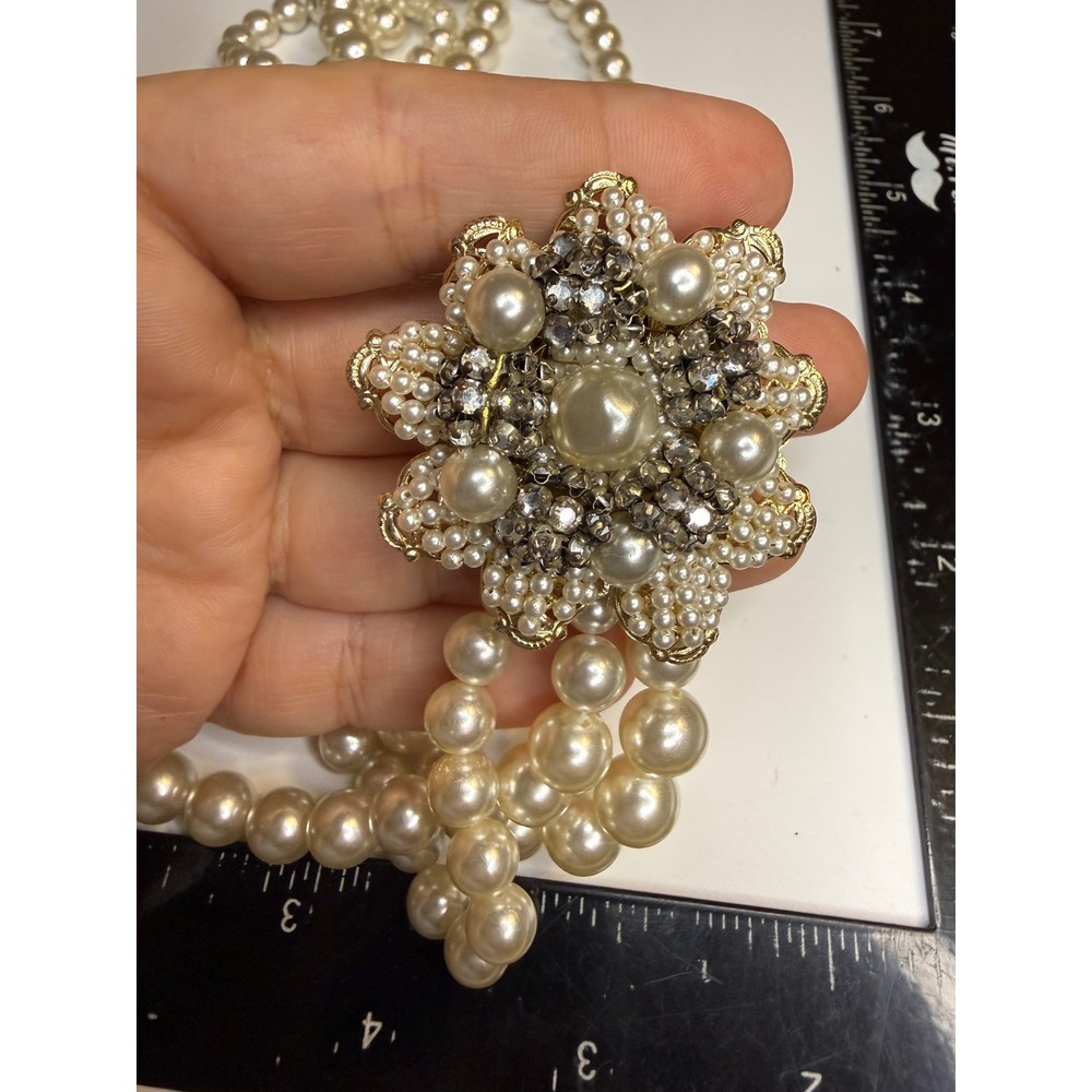Vintage Japan Triple Strand Faux Pearl Necklace Rhinestone Floral Clasp Cream